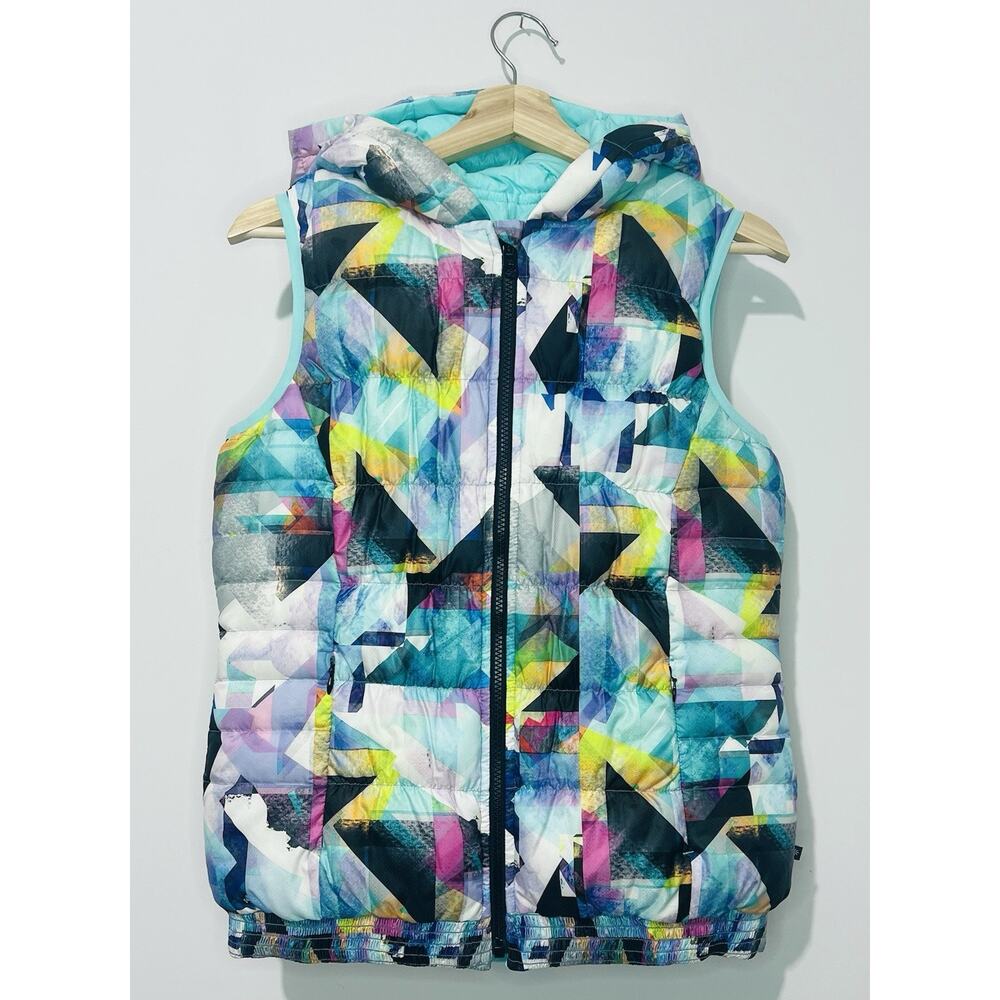 Athleta Girls' Multicolor Geometric Puffer Vest - Teal, Navy, Yellow, Pink